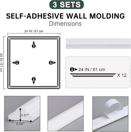 Melkus Peel and Stick Wall Molding Kit, 3 Sets 24" x 24" Precut Wainscoting Panels, Self Adhesive Molding Trims for Interior Wall Décor