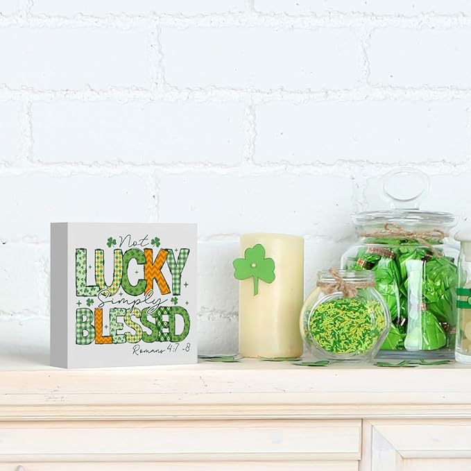 Not Lucky Simply Blessed Funny St Patricks Day Shamrock Decor Desk Decor Wooden Box Sign St Patricks Day Decorations Irish Blessing Wood Block Plaque Box Sign for Home Decoration