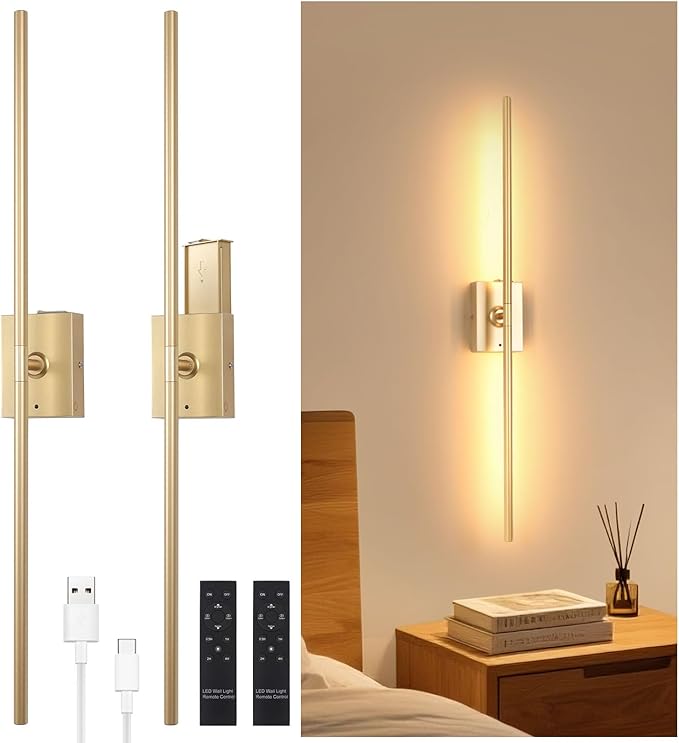 Battery Operated Wall Sconce Set of 2, 10000mAh Rechargeable Wall Sconces with Detachable Battery, Indoor 350°Rotate Wall Lights for Bedroom Living Room, Gold, 31.5 Inch