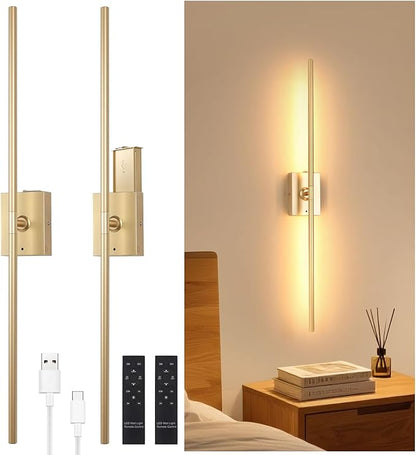 Battery Operated Wall Sconce Set of 2, 10000mAh Rechargeable Wall Sconces with Detachable Battery, Indoor 350°Rotate Wall Lights for Bedroom Living Room, Gold, 31.5 Inch