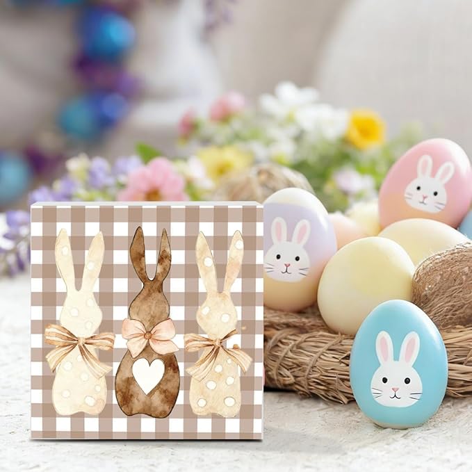 Funny Easter Sign Easter Bunny Decor Decorations Bunny Rabbit Bowknot Wooden Sign Table Decorations Indoor for Home Office Desk Table Shelf Tiered Tray Decor 5 X 5 Inch