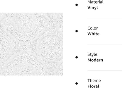 Manhattan Comfort Carter Series Vinyl Textured Paintable Floral Scroll Boarded Square Design Large Wallpaper Roll, 21" W x 33'L, White