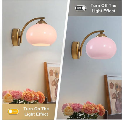 Mid Century Modern Wall Sconce Light Fixture Pink Glass Wall Sconce Lamp Brass Gold Wall Lighting Hardwired Globe Wall Lamp Vintage Bathroom Vanity Light Fixtures