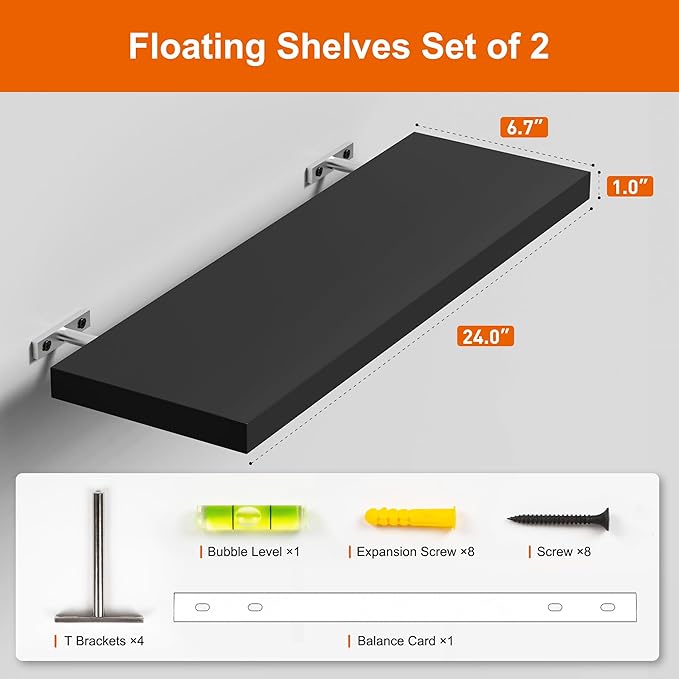 Floating Shelves for Wall, Black Wood Set of 2, 24