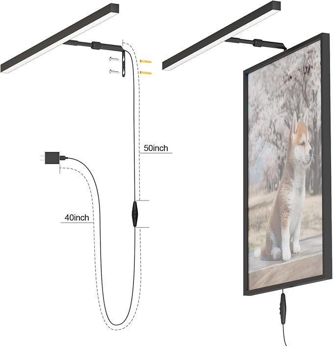 24" Plug in Picture Light for Paintings with Remote Control, 9W LED Art Display Lighting for Gallery, Dartboard, Artwork, Black Wall Mounted Picture Frame Light