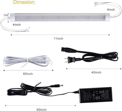 LABOREDUCER Under Cabinet Lighting Wired Plug in or Hardwired Cold White 6000K, 8 Pack 11inch Linkable Dimmable LED Under Cabinet Lights with Power Adapter,24V Under Counter Lights for Kitchen