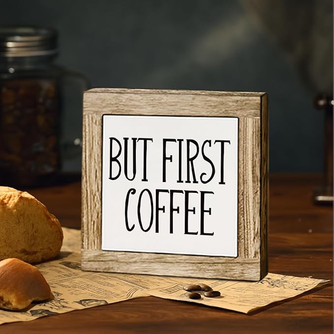 But First Coffee Wood Sign, Farmhouse Cafe Wooden Box Decor, Rustic Wooden Table Top Decoration, Coffee Bar Table Decoration Gift, Office Desk Sign 5.9X5.9 Inches