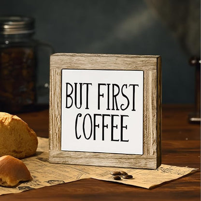 But First Coffee Wood Sign, Farmhouse Cafe Wooden Box Decor, Rustic Wooden Table Top Decoration, Coffee Bar Table Decoration Gift, Office Desk Sign 5.9X5.9 Inches