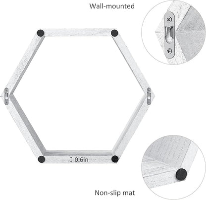 YBING Hexagon Floating Shelves Wall Mounted Set of 6 Honeycomb Shelves Wood Hexagonal Storage Hanging Shelves Farmhouse Wall Decor Floating Shelves for Bedroom Living Room Grey-White