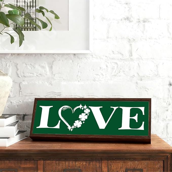 Clover Love Sign, Stylish Wooden Plaque Signs, Beautiful Home Decor, Shamrocks Wooden Box Sign, Shelf Table Mantel Decoration, Farmhouse Decor for St. Patrick's Day, 9.5x3.1x1 inches