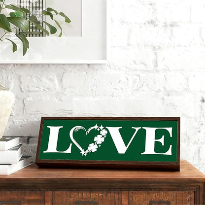 Clover Love Sign, Stylish Wooden Plaque Signs, Beautiful Home Decor, Shamrocks Wooden Box Sign, Shelf Table Mantel Decoration, Farmhouse Decor for St. Patrick's Day, 9.5x3.1x1 inches