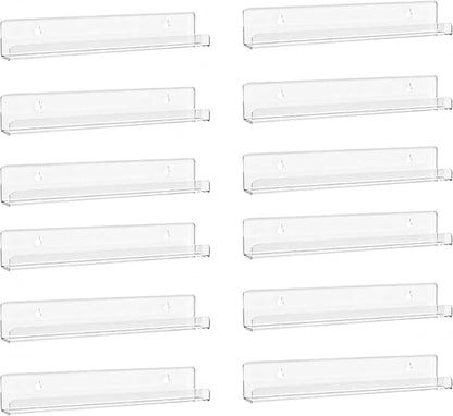 12 Pack Vinyl Record Shelf Wall Mount, 12-Inch Clear Acrylic Album Storage Holder, Floating Display Shelves for Wall Decor, Magazine Shelf, Kids Bookshelf, Suitable for Bedroom, Living Room