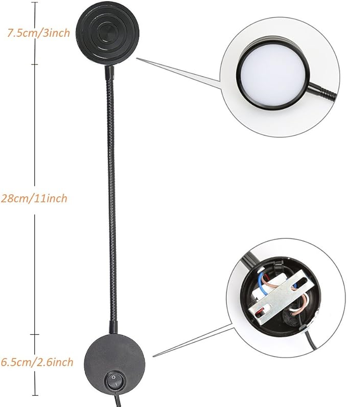 Youngine 5W Plug Wired Flexible Gooseneck Wall Sconce Reading Lamp Art Works Show Accent Light Wall Mount Spot Lamp Fixture with On/off Switch (Round Black-Cool White)