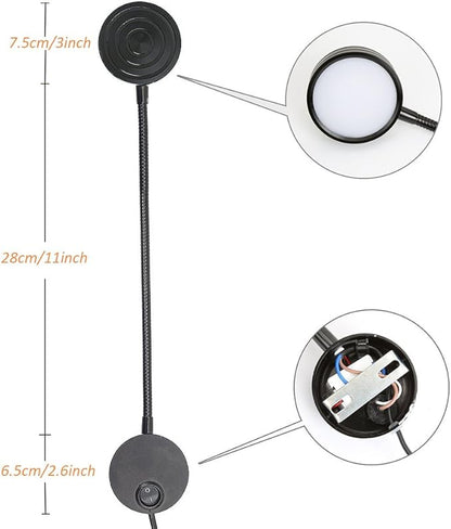 Onerbuy Youngine 5W Plug Wired Flexible Gooseneck Wall Sconce Reading Lamp Art Works Show Accent Light Wall Mount Spot Lamp Fixture with On/Off Switch (Round Black-Warm White)