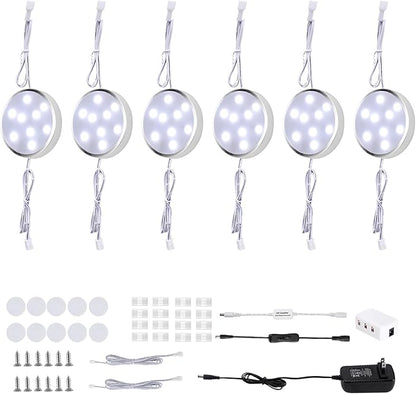 LED Under Cabinet Lighting Kit,6 Pack Linkable Puck Lights with Touch Dimmer,Wired Plug in Under Counter Lighting for Curio Bar, Kitchen, Cupboard,Bookcase,Closet Furniture (6000K Daywhite)