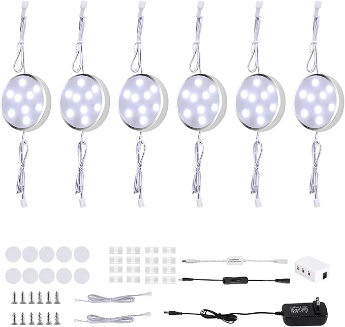 LED Under Cabinet Lighting Kit,6 Pack Linkable Puck Lights with Touch Dimmer,Wired Plug in Under Counter Lighting for Curio Bar, Kitchen, Cupboard,Bookcase,Closet Furniture (6000K Daywhite)