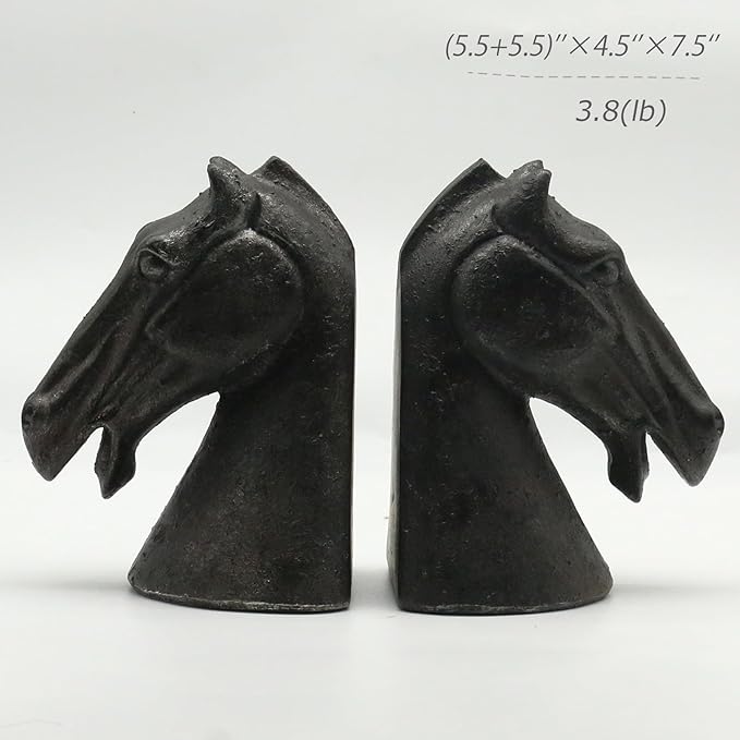Lukitas Horse Head Decorative Bookends - Heavy Duty Non-Slip Book Holders, Modern Equestrian Ornaments for Office Home Bookshelf Decor, Black, Resin 7.5''