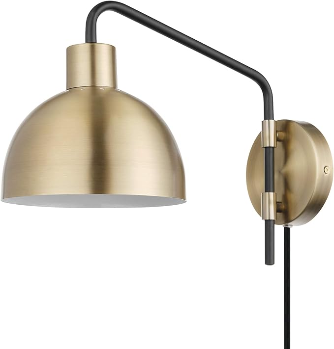 Globe Electric 51719 1-Light Plug-in or Hardwire Wall Sconce, Antique Brass, Matte Black Accent, Fabric Cord, in-Line On/Off Switch, Kitchen, Reading Light, Home Essentials, Bedroom, Bedside Lamp