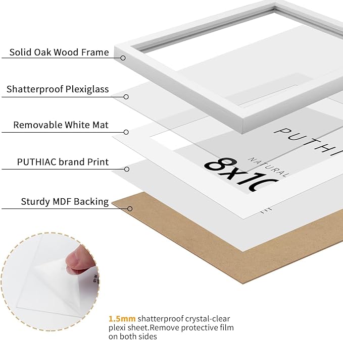 puthiac Picture Frame, White 8x10, Natural Solid Wood, 1 Pack