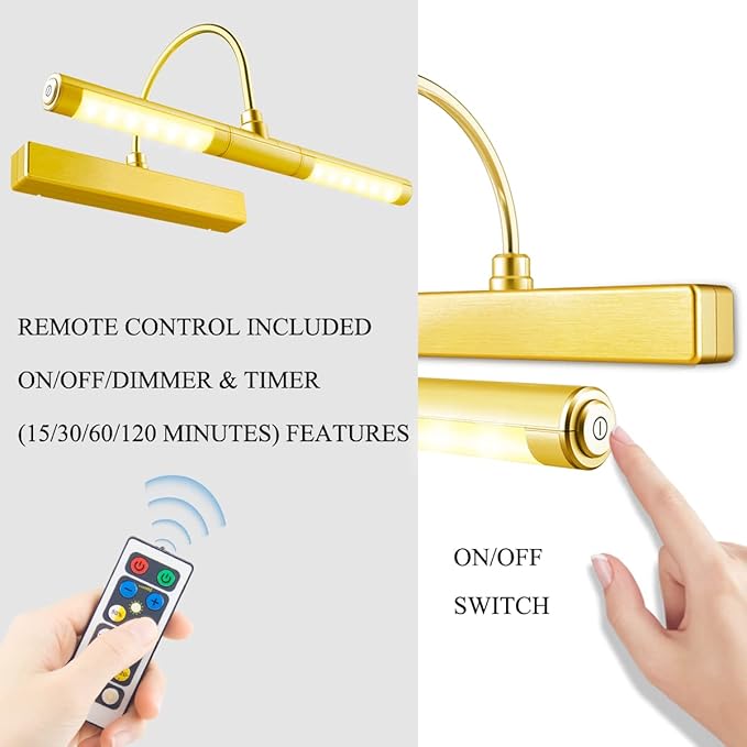 BIGLIGHT Wireless Battery Powered Bright LED Picture Light with Remote Control, 13 Inch Swivel Light Head with 3 Lighting Modes, Dimmable Lamp for Painting Photo Portrait Art Picture Frame, Gold