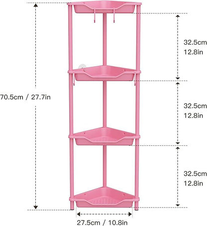 Orimade Rustproof 4 Tier Floor Standing Corner Shower Caddy Organizer, Plastic Metal Splicing Floor Corner Shelf Rack Storage Stands for Bathroom,10.8 x 10.8 x 44.6 inches, Pink