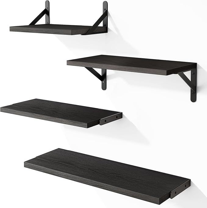 YGEOMER Floating Shelves for Wall, Black Wall Shelves Different Sizes for Living Room, Bathroom, Bedroom, Kitchen, Home Decor (Set of 4)