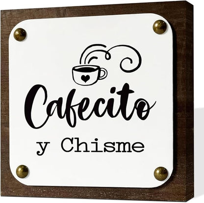 Cafecito Y Chisme Sign, Spanish Coffee Sign, Wooden Box Signs Decors Art, Coffee Table Art, Spanish Home Kitchen Decoration for Coffees Lovers, Coffees Station Decors