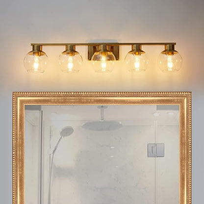 PAZALA Brushed Brass Bathroom Light Fixtures Over Mirror 5-Lights Vanity Light Wall Sconce with Globe Glass Shade E26 Base Perfect for Hallway Picture Wall Lighting Bathroom Bedroom Mirror Living Room