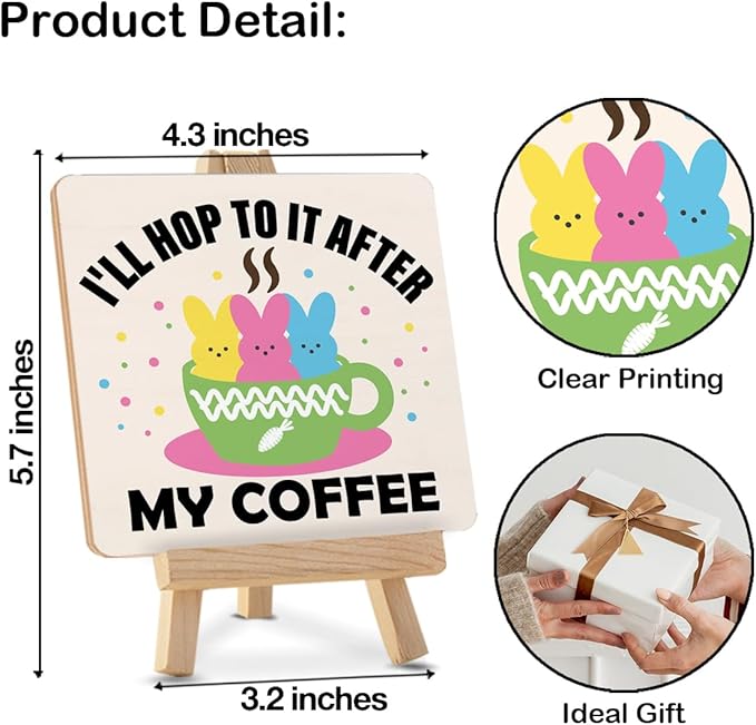 Easter Kitchen Decor - Easter Decorations for Home - I Will Hop to It After My Coffee Wood Sign with Easel Home Office Kitchen Coffee Bar Desk Tabletop Shelf Tiered Tray Decorations