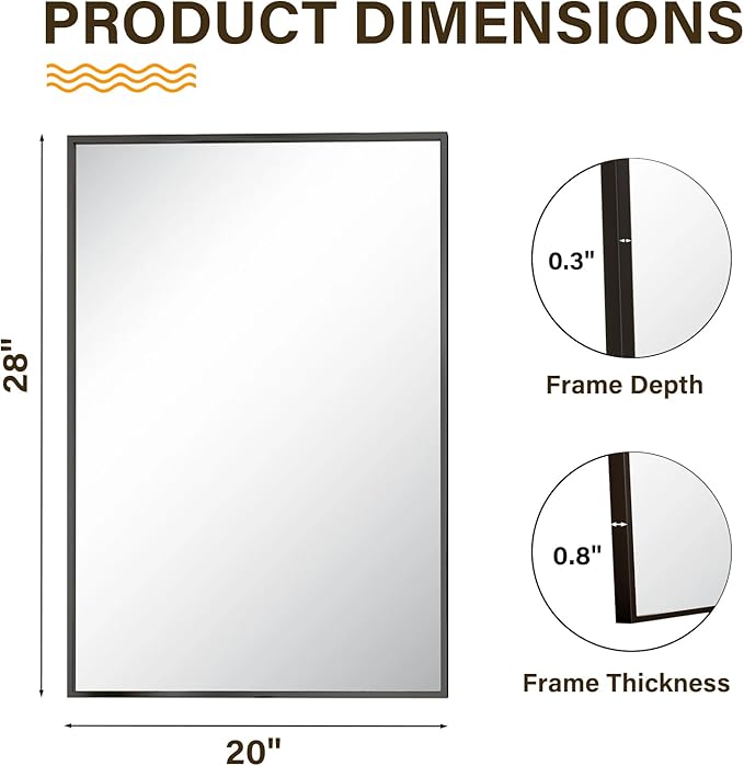 HARRITPURE 28"x20" Bathroom Mirror for Wall, Black Framed Rectangle Mirror Aluminum Alloy Frame Wall-Mounted Horizontally/Vertically for Entryway/Bedroom/Vanity