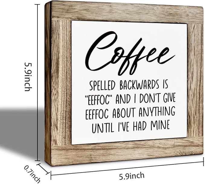 Humor Coffee Bar Decor, Funny Coffee Spelled Backwards Decor Sign, Cafe Wooden Box Sign Kitchen Home Decoration, Inspirational Office Desk Signs 5.9X5.9 Inches