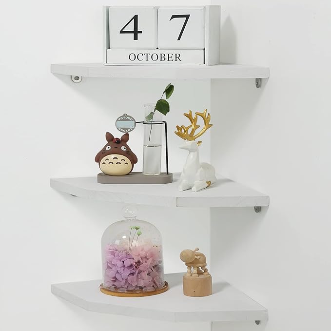 Joiishom Corner Wall Shelf Set of 3, Floating Corner Shelves, Rustic Wood Wall Storage Display Shelves for Living Room Bedroom Bathroom Kitchen (Fanshaped-White)