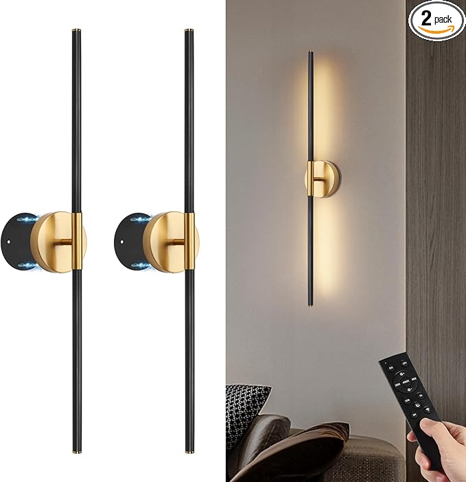Battery Operated Wall Sconces Set of Two, 360°Rotate Wireless Wall Sconces with Remote Control Dimmable Timing, Black Gold Rechargeable Modern Decor Lights for Hallway Living Room, 31.5 Inch