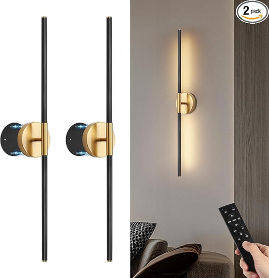 Battery Operated Wall Sconces Set of Two, 360°Rotate Wireless Wall Sconces with Remote Control Dimmable Timing, Black Gold Rechargeable Modern Decor Lights for Hallway Living Room, 31.5 Inch