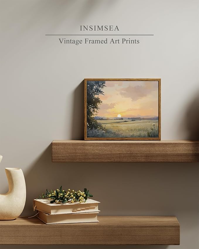 InSimSea Framed Canvas Wall Art, Vintage Wall Decor, Fall Landscape Watercolor Painting for Living Room, Bedroom Earthy Country Autumn Sunset Print Pictures Decorations,8x10inch