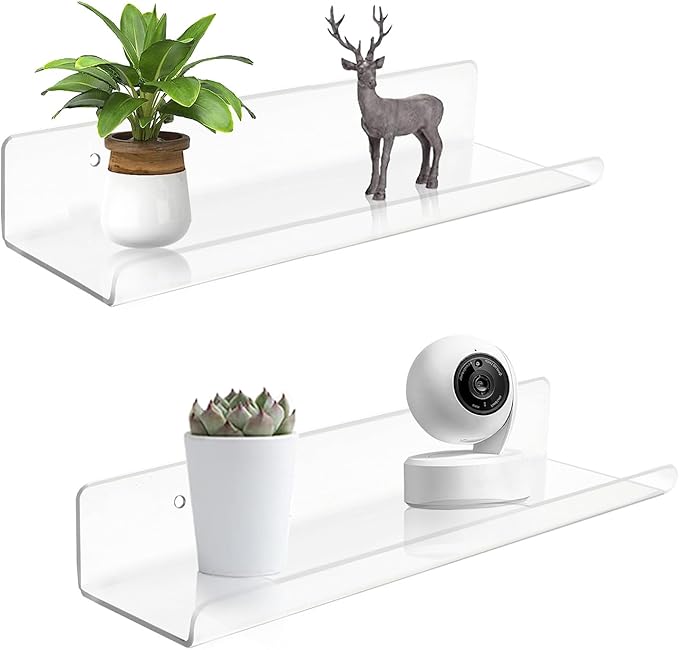 ROYALITA Small Acrylic Shelves Wall Mounted | Set of 2 | 12 Inches | Wall Hanging Plant Display Shelves, Room Decor Floating Wall Shelves for Gaming Room Bedroom, Living Room, Office, Clear
