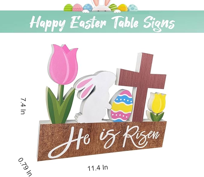 He is Risen Wood Block Table Sign Wooden Bunny Tulips Cross Table Top Decorations Tiered Trays Desk Shelf Easter Home Office Coffee Bar Decor 6 Pieces