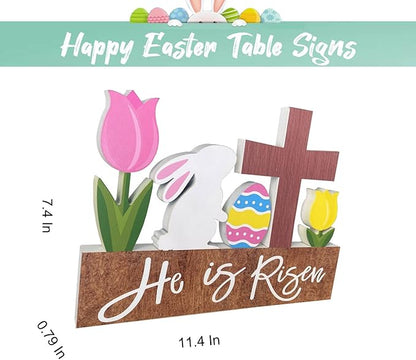 He is Risen Wood Block Table Sign Wooden Bunny Tulips Cross Table Top Decorations Tiered Trays Desk Shelf Easter Home Office Coffee Bar Decor 6 Pieces