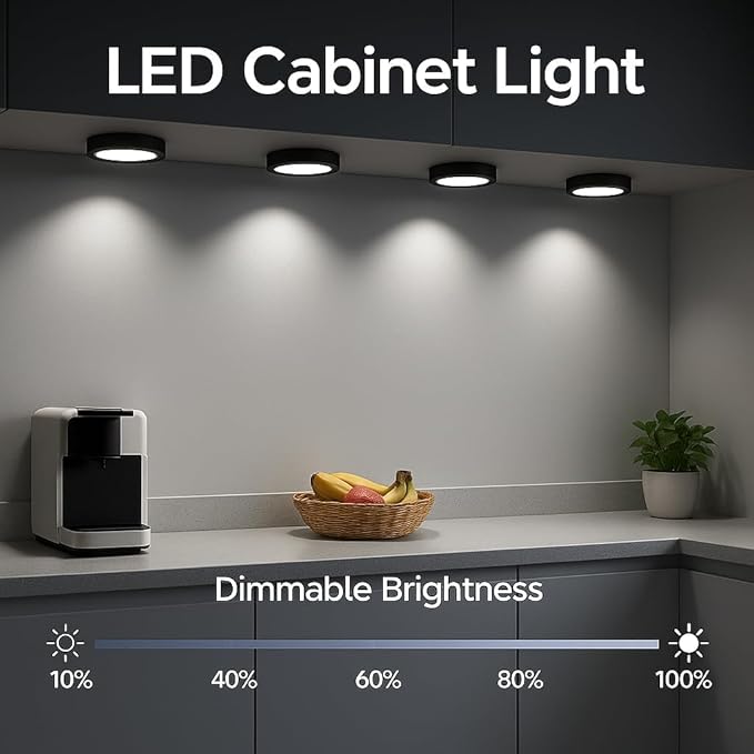 YGS-Tech LED Under Cabinet Lighting Kit, 1020 Lumens LED Puck Light, 5000K Daylight White, CRI90+, Touch Dimming, Black Trim All Accessories Included, for Kitchen, Closet Lights, Safe Light, 6-Pack