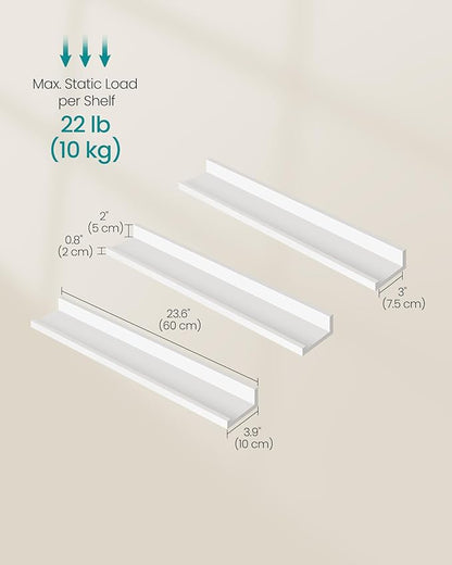 SONGMICS Floating Shelves, Set of 3 Wall Shelves, 23.6-Inch Wide, for Photo Frames and Trinkets, for Living Room, Home Office, Kitchen, Bathroom, White ULWS061W01