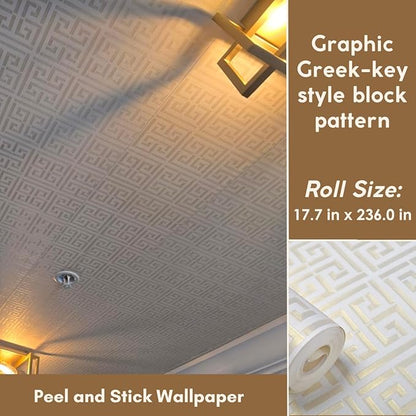 Greek Key Pattern Wallpaper 17.7"x236.0" Textured Metallic Gold on White Peel and Stick Wallpaper Geometric Embossed Self Adhesive Waterproof