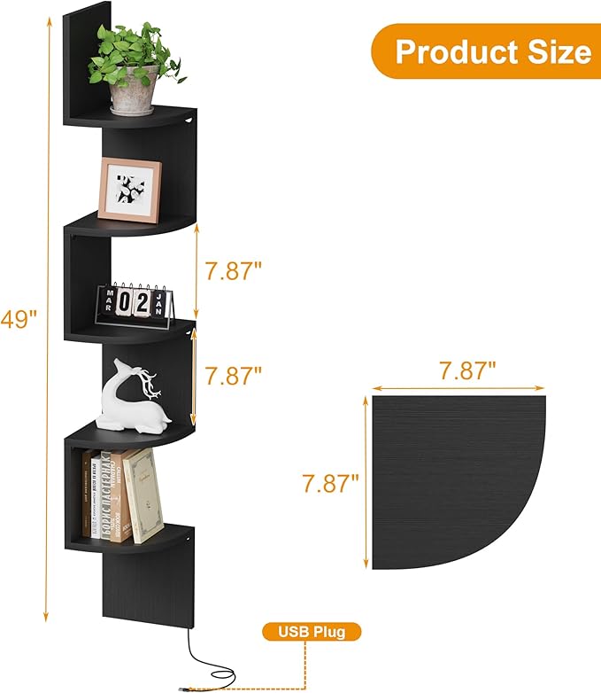 Corner Shelf Wall Mount with LED Light, 5 Tier Floating Corner Bookshelf, Plant Shelf for Bedroom, Floating Shelves for Wall, Display Stand for Living Room, Bathroom, Home Office, Black