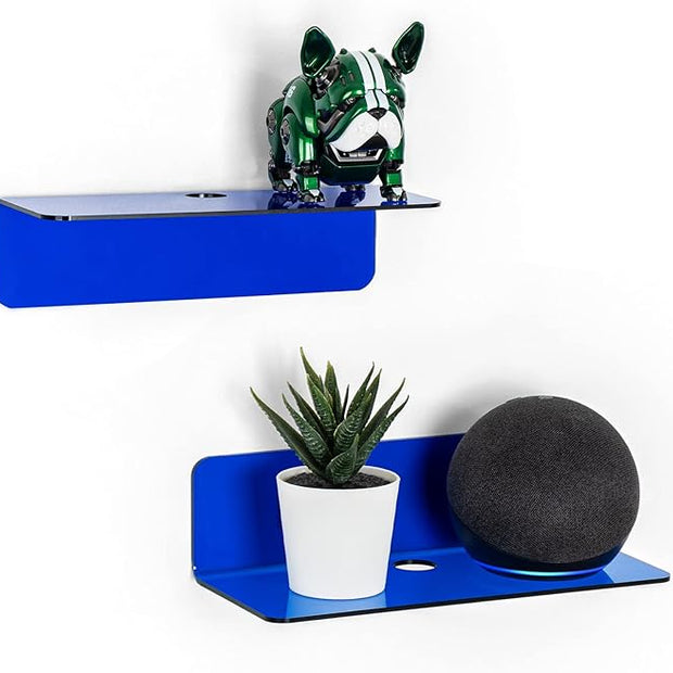 OAPRIRE Small Floating Wall Shelves Set of 2 - Personalize&Easily Expand Wall Space - 9 Inch Acrylic Wall Shelf for Bedroom, Gaming Room, Living Room, Bathroom, Office, with Cable Clips - Clear Blue