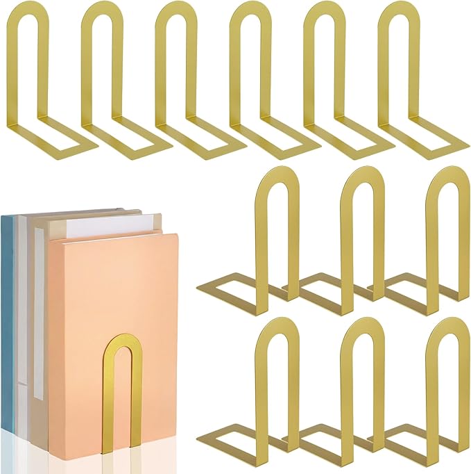 Chunful 12 Pcs Modern Metal Book Ends for Shelves Decorative Small Bookends Book Shelf Organizer Minimalist Design Stopper to Hold Books for Home Office (Gold,5.5 * 3.75 * 2.25inch)