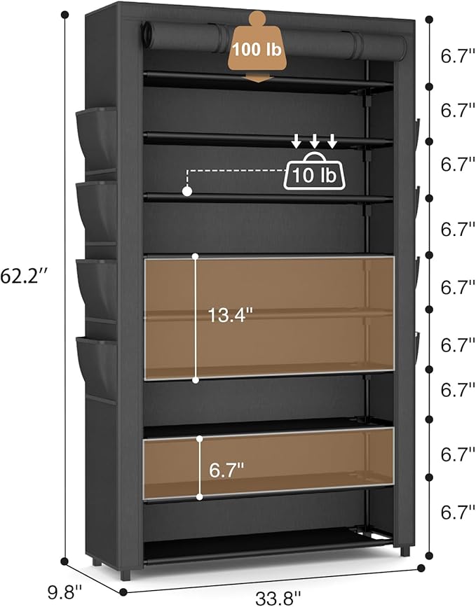 Shoe Rack with Cover, 10 Tier Shoe Organizer Storage for 40-50 Pairs Sneaker and Boots, Large Capacity, with 8 Pockets, Free Standing Tall Shoe Rack for Front Door Entrance, Closet