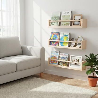 Set of 3 Kids Floating Bookshelves Natural – 24 Inch Wall Mounted Nursery Book Shelves with Safety Rail – Ideal Storage & Display Shelf for Nursery, Bedroom, and Playroom