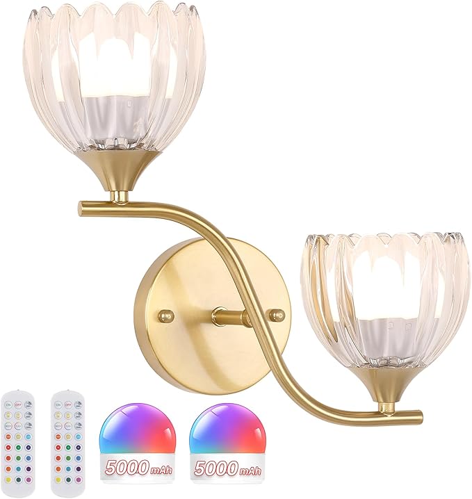 Battery Operated Wall Sconce, 2-Lights Vinatge Brass Wall Lighting with Clear Tluip Shade Rechargeable Bulb with Remote for Living Room, Bedroom