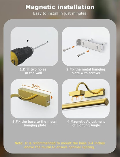 16in Wireless Picture Light with Remote, Battery Operated Picture Lights for Wall 5000mAh, 3 Color Modes and Dimmable LED Art Lighting with Timer for Painting, Frame, Gallery, Bedroom (Gold-1Pack)