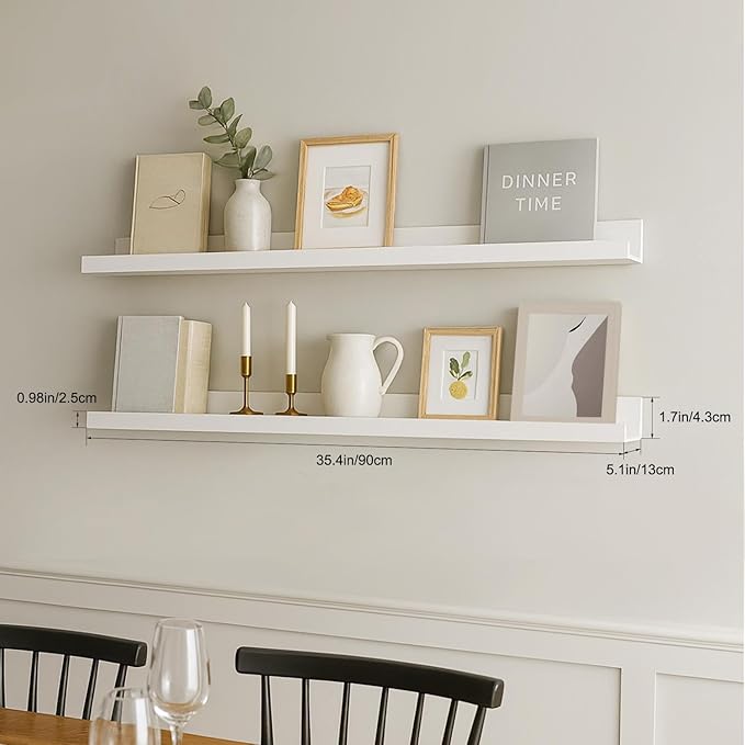 36inch Floating Picture Ledge Shelves 2-Pack, White Wall Mounted Shelves with Lip for Nursery, Kids Room, Living Room & Bedroom, Sturdy Floating Book Shelves for Photo Frames & Decor