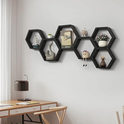 YBING Hexagon Floating Shelves Black Hexagon Shelves for Wall Wood Farmhouse Storage Honeycomb Shelves Set of 6 Hexagon Wall Mounted Home Decor Storage Shelves for Living Room Bedroom Office